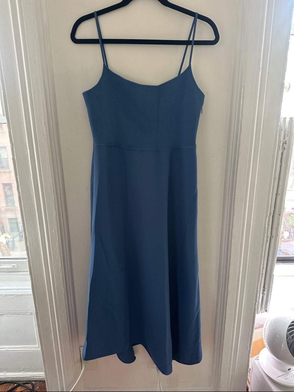 Theory Blue Asymmetrical Spaghetti-Strap Midi Dress